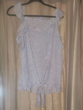 Polka Dot Tie-Front Ruffle Tank Top - White/Black